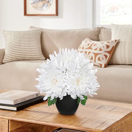 Briful Fake Mums Flower in Black Pot Realistic Silk Chrysanthemums Artificial Flowers Fall Mums for Home Decor Indoor Wedding Farmhouse Centerpiece Table, White - color: White