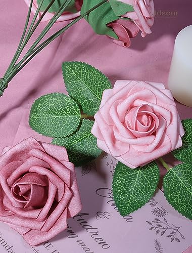 50pcs Artificial Flower，Real Touch Foam Roses w/Stem DIY for Wedding Bouquet Centerpieces Party Shower Home Decor-Shabby Rose Pink - color: Shabby Rose Pink