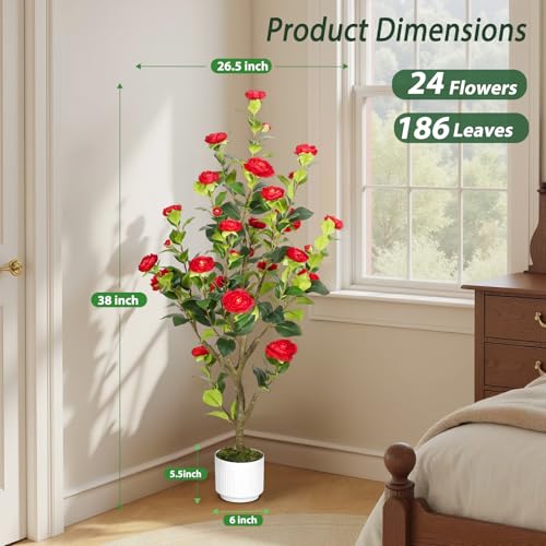 4FT Artificial Camellia Tree with Red Flowers, Faux Hydrangea Tree in Pot for Indoor & Outdoor Decor, UV Resistant Fake Plant for Home, Porch, or Office Decoration (2, Red) - color: Red 4ft X2