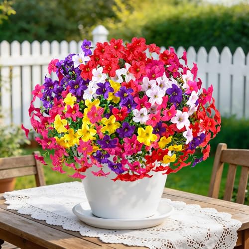 MARTINE MALL 12 Bundles Look Real Artificial Flowers for Outdoors, Realistic Fake Outdoor Flowers, UV Resistant Silk Petunia Flowers for Outside Faux Flowers for Outdoor Garden, Mixed Color - color: Mixed Color-b, size: 12 Bundles