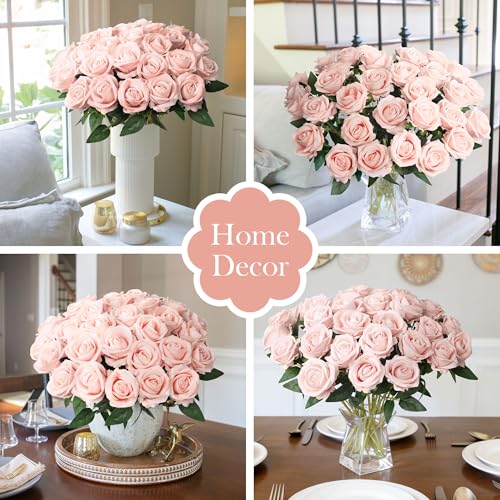 50 PCS Blush Roses Artificial Flowers, Real Looking Fake Roses with Long Stems Silk Flowers for DIY Wedding Bouquet Party Celebration Home Bridal Shower Decoration Valentine's Day Gift for Her Wife - color: Blush