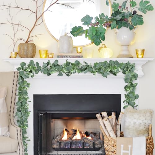6.2ft Artificial Eucalyptus Garland with Butterfly Leaves and White Flowers – Full Faux Greenery Vine for Wedding Arch, Fireplace Mantel, Table Centerpiece, Party and Home Decor - color: Green