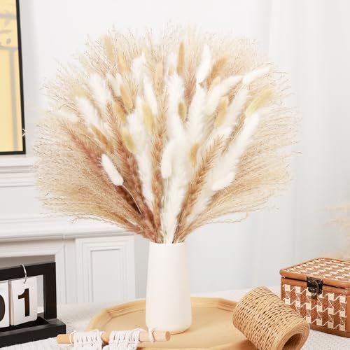 Dried Pampas Grass Bouquet White and Brown Boho Floral Arrangement Wedding Decor and Rustic Home Decor Faux Pampas Grass Tall Centerpiece for Table and Vase (Beige Cloud Bouquet) - color: Beige Cloud Bouquet
