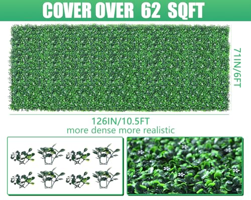 Grooy 71"x 126"(62 sq.ft) Artificial Boxwood Roll Panels with Flowers, UV-Anti Faux Ivy Leaves Privacy Fence Screen, Grass Wall Roll Panels for Indoor Home Decor and Outdoor Garden Backyard - size: 71x126 in 1 piece