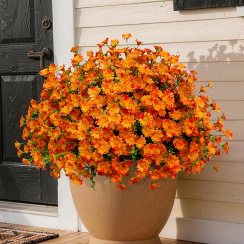 Fake Mums - Fall Flowers 8 Bundles Artificial Orange Daisy Flower Outside Plants for Home, Diwali Decor, Day of The Dead Decorations (Orange) - color: 8 Bouquets Orange Artificial Fall Flowers for Outdoors