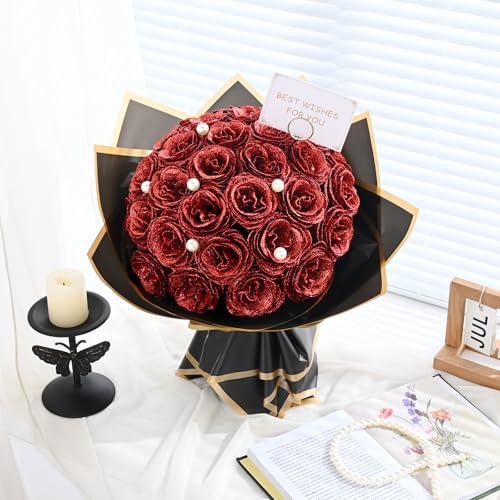 Waipfaru Red Glitter Roses Bouquet, DIY Fake Flowers Bouquet, Everlasting Shiny Artificial Rose Bouquet for Valentines, Anniversary, Engagement, Wedding, 24 Roses - color: Red, size: 24pcs
