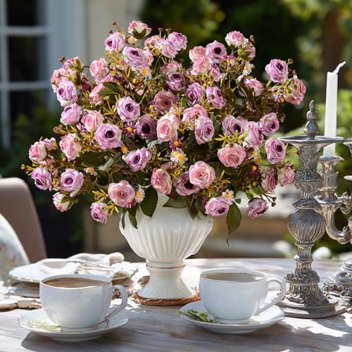 Artificial Rose Flowers for Outdoor 4 Bundles Rose Bouquet with Daisy Faux Flowers UV Resistant for Home Indoor Outside Garden Porch Window Box Balcony Yard Porch Fall Decor (Purple) - color: Purple