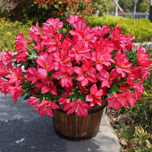 INSPRING Artificial Flowers for Outdoors Outside Summer Decoration, 3 Bundles Fake Silk Azalea Plants UV Resistant Realistic Faux Flowers for Outdoor Planters Front Door Patio Garden Home, Hotpink - color: Hotpink