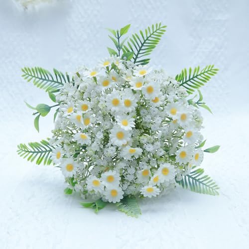Artificial Bridesmaid Bouquets Set of 6 - Ivory White 9 Inch Flower Bouquet for Wedding Party Ceremony Anniversary Dinning Table Centerpieces Decor Faux (Chamomile & Babys Breath & Ribbon) - color: Chamomile