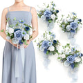 Ling's moment Artificial Flowers Dusty Blue Bridesmaid Bouquet Set of 4, Blue & Ivory Wedding Flowers Bouquets for Bridesmaids, 7 Inch Bridal Bouquets for Bridesmaids, Wedding, etc - color: Blu-dusty Blue