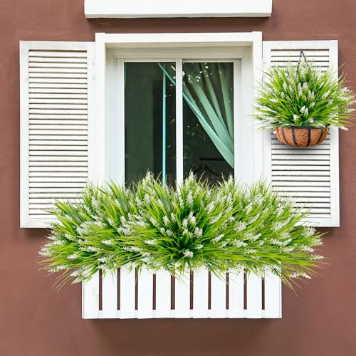 Sggvecsy 24 Bundles Artificial Plants Outdoor Faux Lavender Flowers Fake Monkey Grass UV Resistant Plastic Greenery Plants for Garden Home Porch Window Patio Hanging Planter Indoor Decor (White) - color: White, size: 24pcs