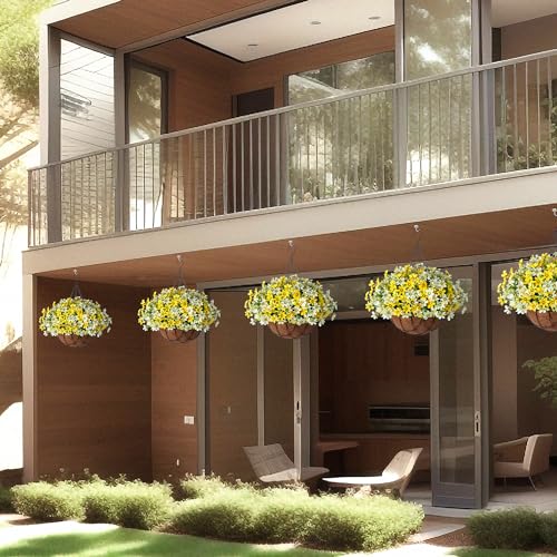 INXUGAO Artificial Silk Flowers Hanging Baskets Outdoors,Chrysanthemum with Eucalyptus Leaves Arrangement for Garden Yard Decor,Faux Plant in Metal Coconut Lining Flowerpot(Yellow) - color: B-yellowwhite