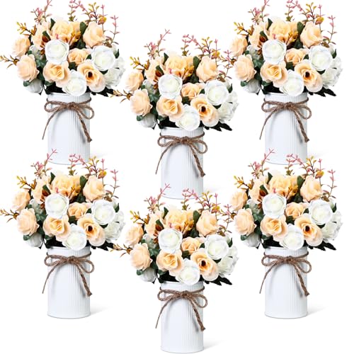 Domensi 6 Sets Wedding Centerpiece for Table Artificial Rose with Vase Fake Bouquets and Metal Pot Flower Arrangements for Bridal Shower Birthday Party Event Table Decor (Champagne) - color: Champagne