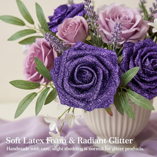 MACTING 30PCS Artificial Rose Flowers Real Touch Foam Roses with Stem Fake Glitter Flowers for DIY Wedding Bouquet Table Centerpieces Party Holiday Wreath Home Spring Mothers Day Decorations,Purple - color: Glitter Purple, size: 30PCS