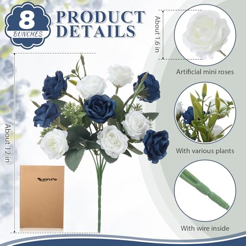 Zeyune 8 Pack Artificial Mini Navy Blue and White Roses 12 Inch Fake Flowers with Stems 80 Small 1.6 Inch Flower Heads Silk Mini Rose Bouquets for Wedding Centerpieces Bridal Bouquets Home Party Decor - color: Navy Blue and White