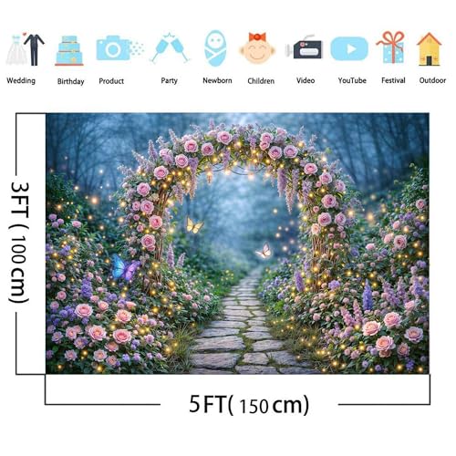 5x3ft Enchanted Forest Backdrop Fairy Tale Magic Garden Floral Arch Butterfly Photography Background for Kids Girls Baby Shower Birthday Party Decoration Photo Booth Props - color: Pink05, size: 5X3FT