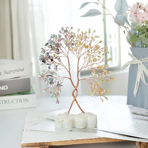 mookaitedecor Natural Citrine & Fluorite Crystal Tree with Double Heart Rock Quartz Crystal Cluster Stone Base Bonsai Money Tree of Life Home Wedding Decoration - color: Yellow & Multicolor