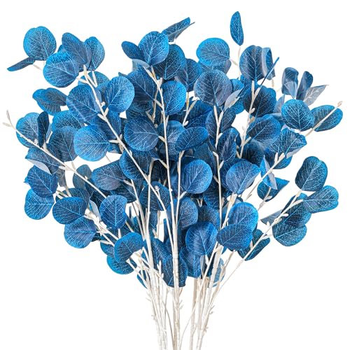 7PCS Long Artificial Eucalyptus Stems 35.4" Branches with Navy Blue Silk Silver Dollar Leaves Fake Plants Bouquet Festival Party Floral Arrangements Accessories Home Office Table Vase Décor - color: Navy Blue