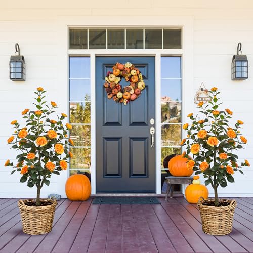 2 Pack 47.24"/3.94FTArtificial Camellia Trees with 36 OrangeFlowers in Cement Pots – Lifelike Fake Trees for Front Porch, Home, Indoor Outdoor Spring Decor, Office or Housewarming Gifts - color: Orange, size: 47.24 inchx2