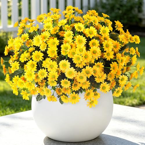 Ammyoo Fake Mums Artificial Flowers for Outdoor Decoration, 6 Bundles Faux Silk Daisy Flowers Realistic UV Resistant No Fade Fake Plants for Home Patio Porch Garden Window Box Decor(Yellow) - color: Yellow