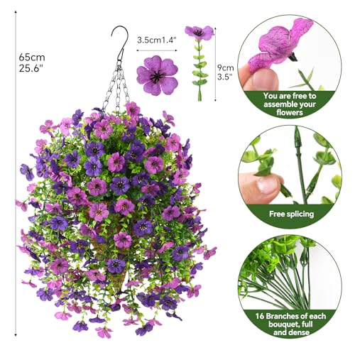 INQCMY Artificial Hanging Flowers with Basket for Spring Outdoor Decoration 3 Bunches of Silk Daisy Flower Uv Resistant for Garden Porch Patio Balcony Yard Decor (Purple1) - color: Purple1