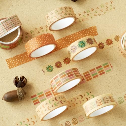 Boho Washi Tape Set 10 Rolls Cute Masking Graphic Floral Pattern Decorative Tapes for Arts, DIY Crafts, Journals, Planners, Scrapbook, Wrapping (Colors) - color: Colors