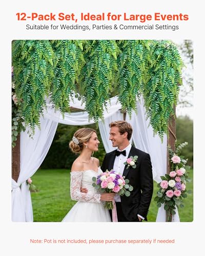 VEVOR Artificial Ferns, 12 Pcs Fake Hanging Boston Fern Bush Plant with 32 Inch Hanging Length, Plastic Faux Greenery for Indoor/Outdoor Decor, for Wall, Wedding Party, Home, Porch Garden, No Basket - size: 32 inch