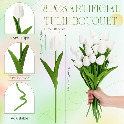 Uiifan 19 Pcs Spring Easter Centerpieces for Tables Home Office Decoration 18 Fake Artificial Tulip Flower Faux Realistic PU Bouquet with 1 Metal Pot Vase for Wedding Baby Shower(White) - color: White