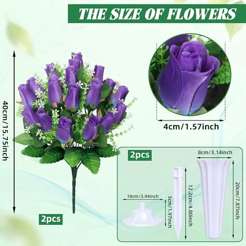 Artificial Cemetery Flowers for Grave,2Pack Memorial Roses Bouquets with Vase for Grave Tombstone Decorations (Purple) - color: Purple