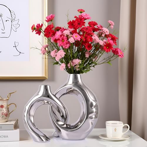 LCCCK Gold Ceramic Vases for Home Decor, Boho Vase for Flowers Pampas Grass Decorative, Hollow Donut Small Vase for Living Room Table Wedding Centerpiece Modern Vases (Silver) - color: Silver