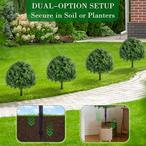 28 Inch Artificial Boxwood Trees, 2 Sets Faux Boxwood Topiary with Spikes, Pot Filler Fake Shrubs Plants for Outdoor Planters, Round Topiary Bush Balls Front Porch Home Garden Spring Decor - color: 28" Boxwood
