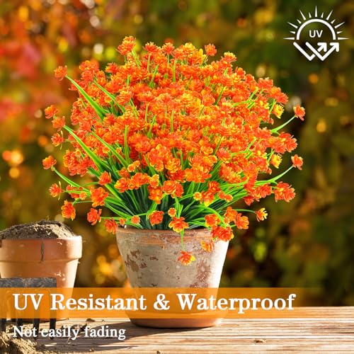 AGIRL 24 Bundles Artificial Fall Flowers Outdoor Indoor Decoration,Fake Plastic Flowers,Faux Mums Plant for Thanksgiving Fall Decor,for Hanging Outside Garden Front Door Porch Patio Window Box - color: Orange Red, size: 24