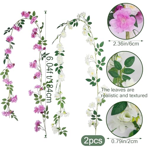 2 Pcs Artificial Flowers Garland for Outdoors Faux Gardenia Garland 12Ft Purple and White Silk Rose Hanging Vines Floral for Wedding Arch Party Wall Garden Ceremony Backdrop Fence Spring Decor - color: Purple and White