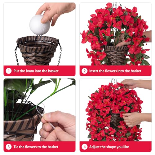 Ivydale Bougainvillea Artificial Hanging Fake Flowers with Basket for Outdoors Decoration, Faux Silk Flowers UV Resistant Fake Plants Long Vines Realistic for Outside Front Door Porch Patio, Red - color: Red