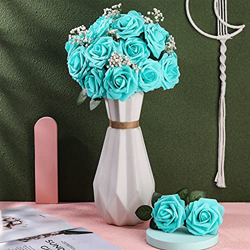 Syhood Artificial Foam Rose Flowers Vintage Fake Roses DIY Bouquets with Leaves and Stems for Wedding Bridal Shower Party Centerpieces Home Romantic Decor(Turquoise,50 Pieces) - color: Turquoise