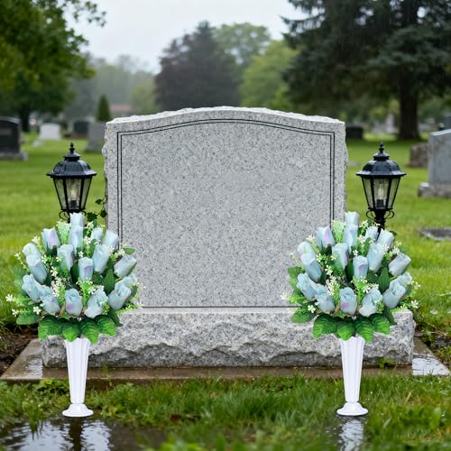 Artificial Cemetery Flowers for Grave,2Pack Memorial Roses Bouquets with Vase for Grave Tombstone Decorations(Blue) - color: Blue