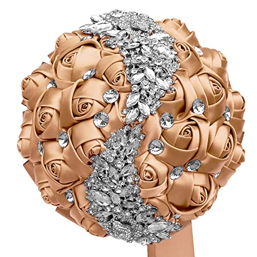 XINNI Brooch Bridal Wedding Bouquet Bride Bridesmaids Satin Rose Flower Bouquet with Meteor Shower Shape Rhinestone for Wedding Khaki - color: Khaki