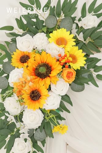 Artificial Wedding Arch Flowers Kit(Pack of 3),2Pcs Artificial Flower Arch Decor,1Pcs Sheer Drape for Wedding Ceremony Arbor for WeddingCeremony (Sunflower Wedding) - color: Sunflower Wedding