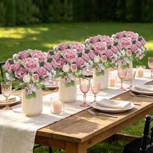 Peonies Artificial Flowers Bulk, 24 Bundles Silk Fake Peonies with Stems Dusty Rose Faux Peony Bundles for Spring Summer Wedding Bouquet Home Bridal Baby Shower Party Centerpieces Vase - color: Dusty Rose