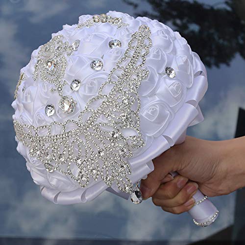 Handmade Luxury Wedding Bridal Bouquet Large Silk Rose Holding Toss Artificial Flowers Bouquets with Satin Ribbon Pearls Rhinestone for Bride Vintage Royal Wedding Bouquet (White) - color: White