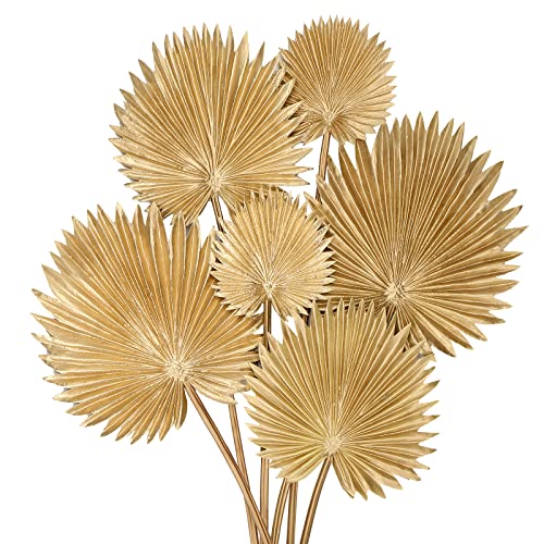 DILATATA 6 Pcs Pu Foam Artificial Gold Palm Leaves Faux Palm Tropical Leaves Fake Palm Fronds for DIY Wedding Bouquets Fake Leaves for Centerpieces Arrangements Palm Leaf for Party Home Decorations - color: Gold Palm #06