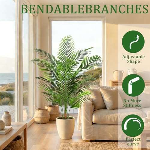 Artificial Palm Tree Plant 6FT Tall Fake Tropical Palm Tree in Pot, Real Bark Design Faux Areca Palm Tree for Home Office Living Room Bedroom Farmhouse Modern Indoor Outdoor Topiary Tree (18 Trunks) - size: 6ft