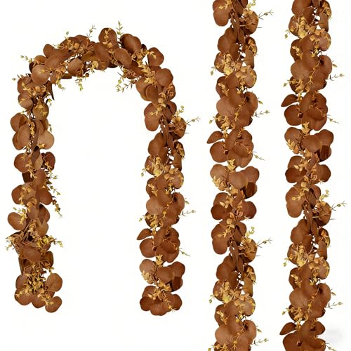 CQURE 3Pcs Eucalyptus Garland,Artificial Eucalyptus Leaves Table Greenery Garland Wreath Vines for Wedding Party Table Fireplace Bedroom Wall Room Decor - size: 17.7 Ft-Brown