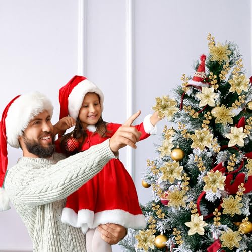 Sggvecsy 30 Pcs 3 Styles Christmas Glitter Poinsettia Flowers Artificial Berry Picks Christmas Tree Ornaments Artificial Christmas Flowers with Clips for Xmas Wedding Wreath Floral Decorations(Gold) - color: Gold