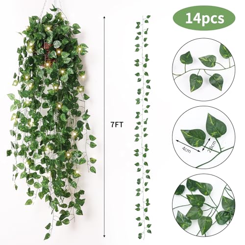 CEWOR 14 Pack 98ft Fake Ivy Vines, Artificial Ivy Garland with 100 LED String Lights, Hanging Plants Greenery Backdrop Green Leaves for Bedroom Room Wall Decor Wedding Party Table Decoration - size: E-14pcs of Vines with 100 LED lights