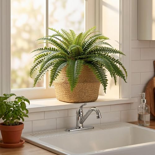 Larksilk Realistic 28" Artificial Hanging Boston Fern, UV Resistant Faux Silk Plant, Lifelike Fake Outdoor Greenery for Porch, Patio, Front Door & Indoor Decor, Large Hanging Fern