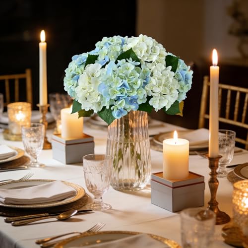 ZYTUYO 5PCS Light Blue Hydrangea Artificial Flowers Small Fake Latex Real Touch Hydrangeas Flowers with Stems Faux Silk Bouquet for Home Decor Table Wedding Party Outdoor Centerpieces - color: Blue Green