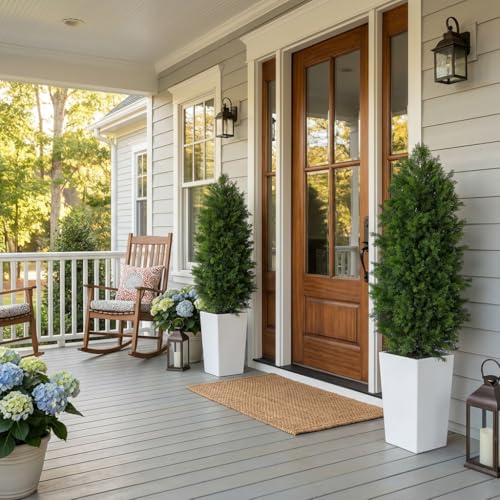 Aveyas 5ft Artificial Cedar Topiary Trees, 5 ft Faux Potted Plants Evergreen Fake Pine Cypress Tree for Outdoor Porch Home Outside Door Decor (5 Feet Tall Including Raised Pot) - Set of 2 Pack - color: Cedar Topiary Trees - 2 Pack (5ft)