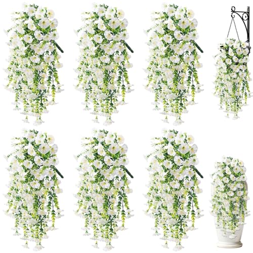 Artificial Hanging Flowers for Outdoors, 6 PCS Silk Morning Glory Artificial Flowers with Eucalyptus Leaves, UV Resistant Fake Flower Realistic Faux Plants for Home Patio Porch Garden Decor, White - color: White