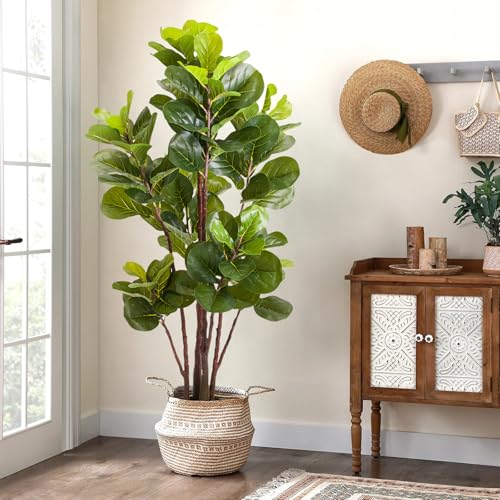 GlowSol Faux Fiddle Leaf Fig Tree, 5 Ft Artificial Ficus Lyrata Plant with 102 Fiddle Leaves, Fake Floor Plant in Pot for Indoor Outdoor Living Room House Office Bedroom Decor - size: 4ft 11in